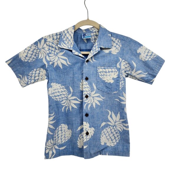 Vintage RJC Reverse Print Pineapple Blue Button Hawaiian Shirt Boys 10 - Picture 1 of 9